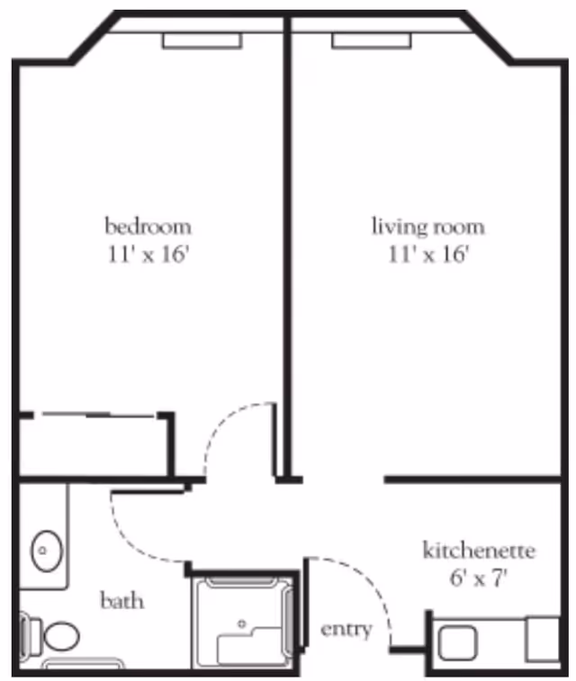 Floor plan layout showing a bedroom measuring 11 by 16 feet, a living room measuring 11 by 16 feet, a bath, an entry area, and a kitchenette measuring 6 by 7 feet.