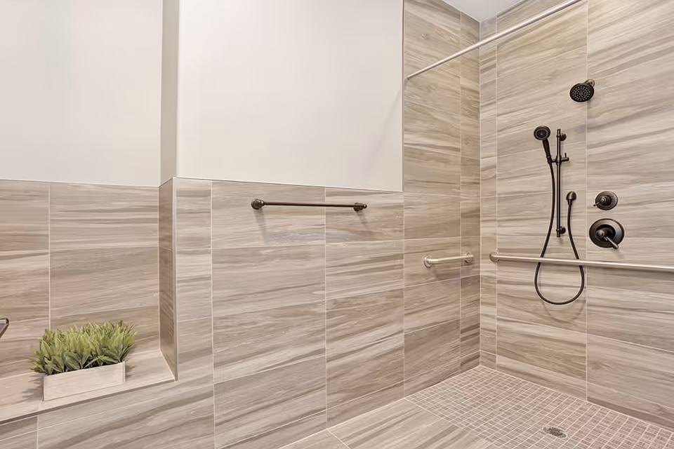 Spacious tiled walk-in shower with grab bars, a handheld showerhead, and a small plant on a built-in bench.