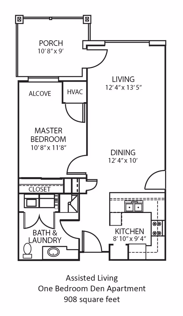 Floor plan of an assisted living one bedroom den apartment at Brookview Meadows, showing a porch, master bedroom with alcove and closet, bath and laundry area, living room, dining area, and kitchen. The total area is 908 square feet.