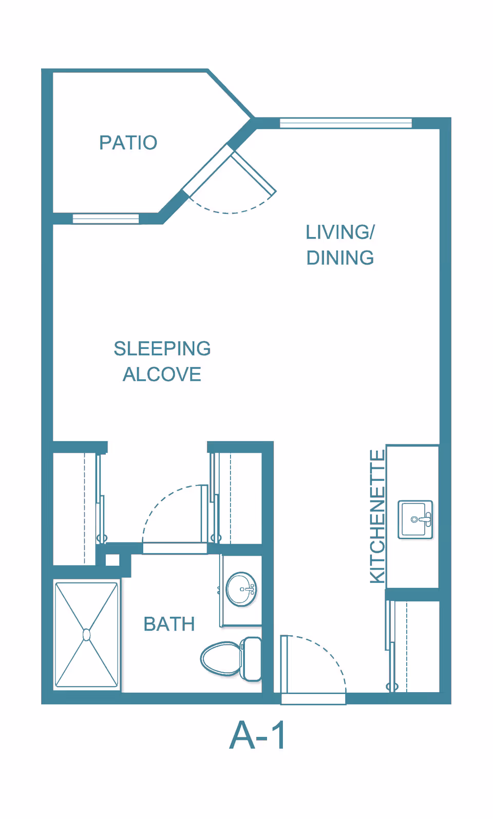 Floor plan layout of a studio apartment labeled A-1, featuring a patio, living/dining area, sleeping alcove, kitchenette, and bathroom with a shower, toilet, and sink.