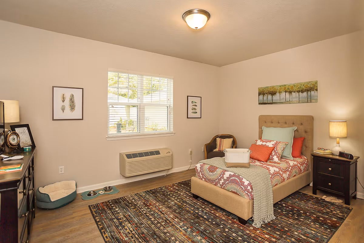 Furnished bedroom with a single upholstered bed, colorful bedding, nightstand and dresser under a window.
