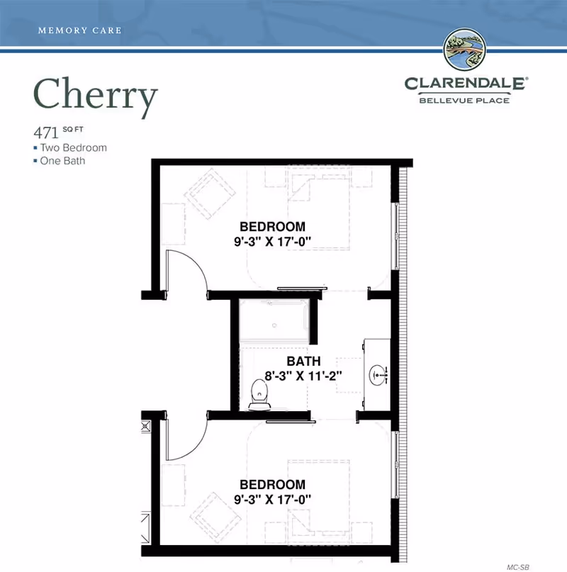 Floor plan of Cherry unit at Clarendale Bellevue Place showing two bedrooms each measuring 9 feet 3 inches by 17 feet, and one bathroom measuring 8 feet 3 inches by 11 feet 2 inches.