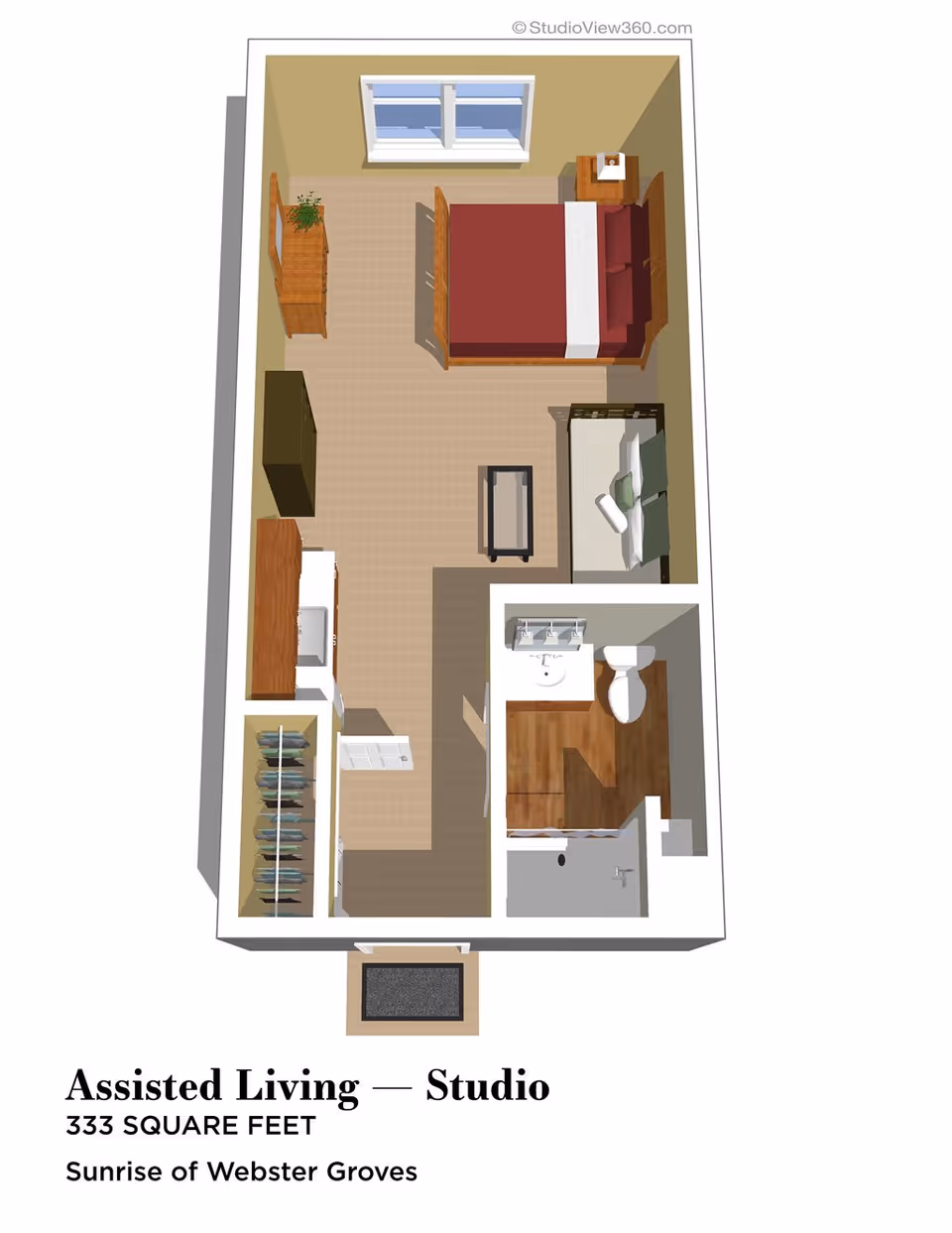 3D floor plan of a 333 square feet assisted living studio apartment at Sunrise of Webster Groves, showing a combined living and sleeping area with a bed, nightstand, dresser, sofa, coffee table, kitchenette with appliances, closet, and a bathroom with a shower, sink, and toilet.