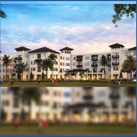 Multi-story Mediterranean-style senior living building with palm trees and people on a lawn at sunset.