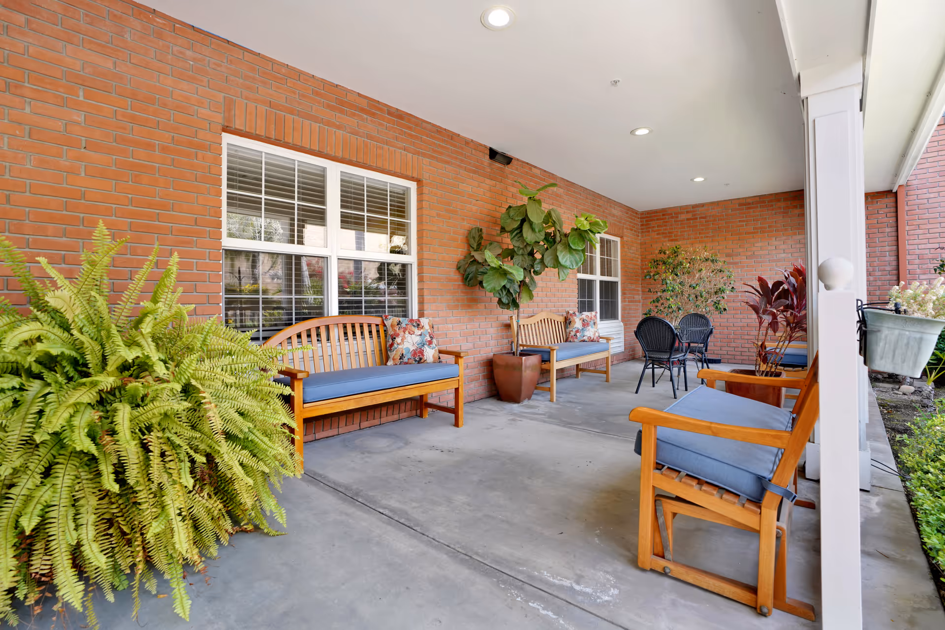 Covered outdoor patio area with brick walls, featuring wooden benches with blue cushions and floral pillows, black metal chairs around a small table, and various potted plants including a large fern and leafy green plants.