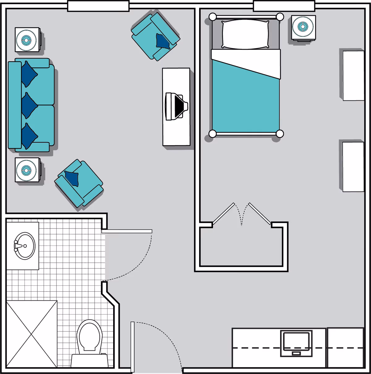 Floor plan of a living space at Oaks at Shiloh Point showing a living room with a sofa, two armchairs, two side tables, and a TV stand; a bedroom with a bed, two nightstands, and a dresser; and a bathroom with a sink, toilet, and shower.