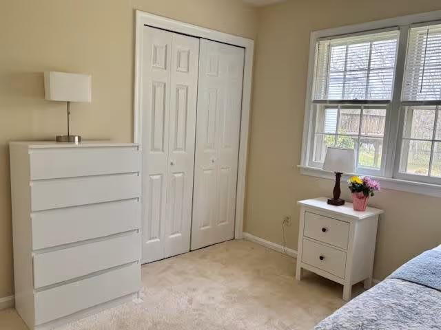 A bright bedroom corner with beige walls and carpet. There is a white chest of drawers with a modern lamp on top, a white nightstand with a small lamp and a pink flower pot, a window showing an outdoor view, and a closed white double-door closet.