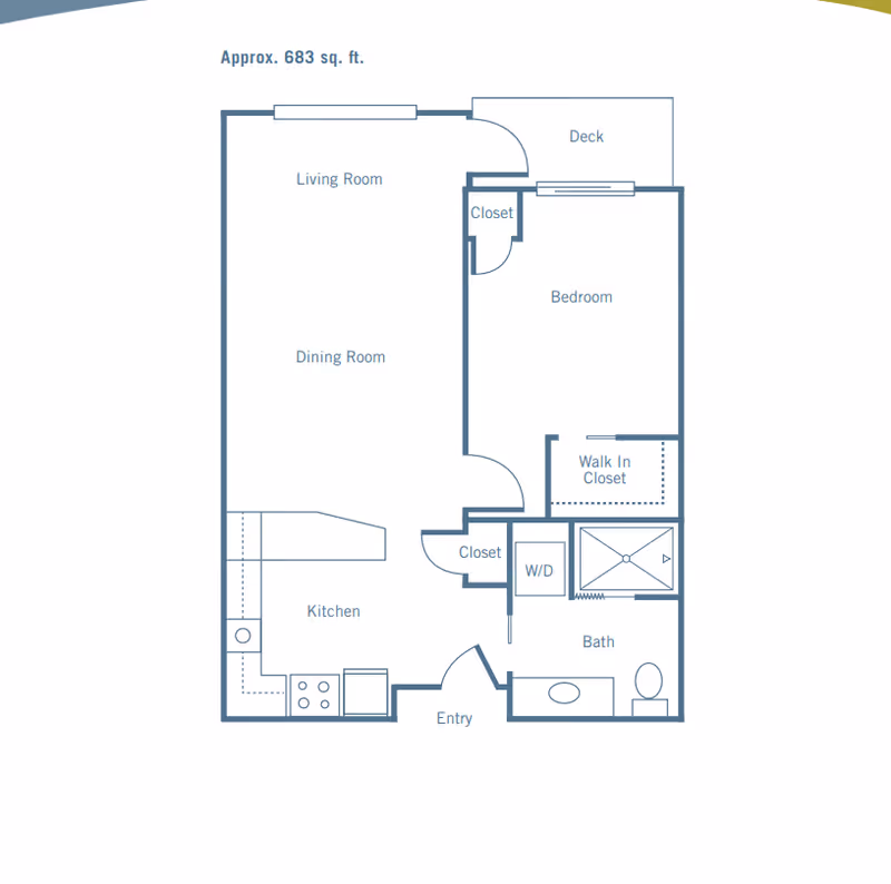 Floor plan of a one-bedroom apartment approximately 683 square feet, showing a living room, dining room, kitchen, bedroom with walk-in closet, bathroom, entry, and deck.