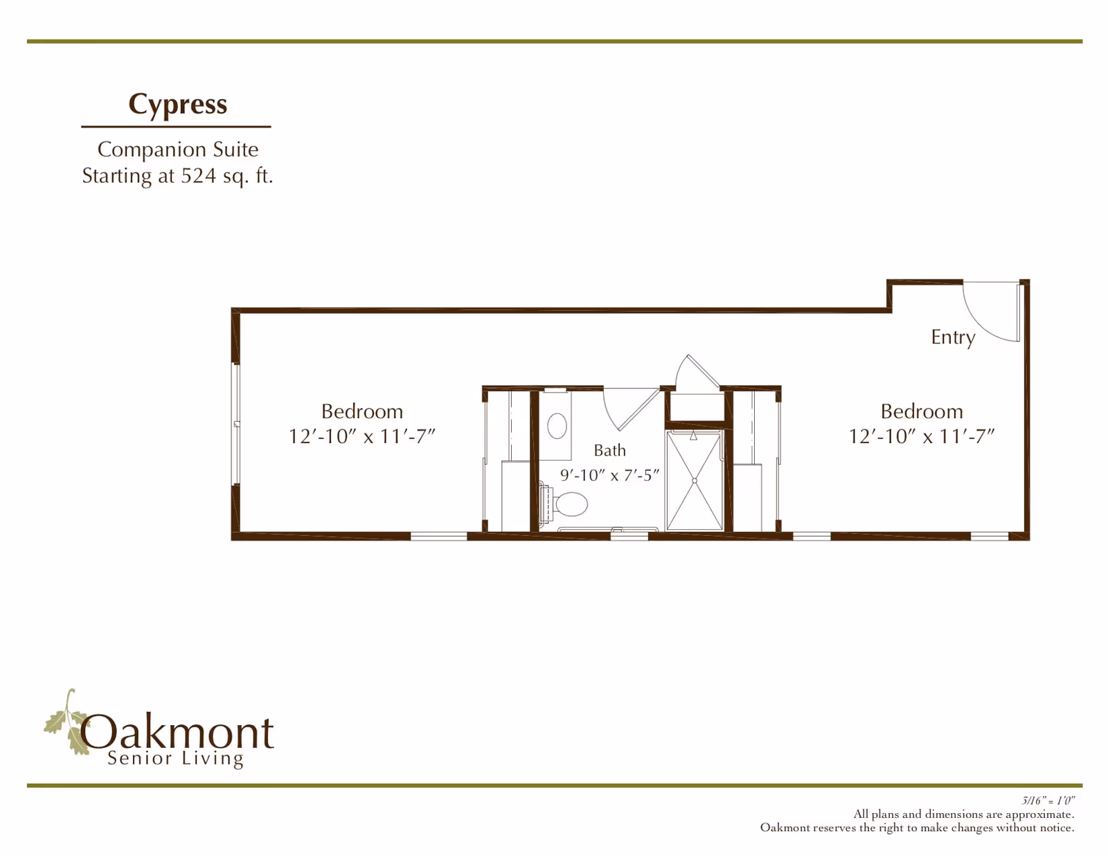 Floor plan of the Cypress Companion Suite at Oakmont Senior Living, showing two bedrooms each measuring 12 feet 10 inches by 11 feet 7 inches, a bathroom measuring 9 feet 10 inches by 7 feet 5 inches, and an entry area. The layout includes a bath with a toilet and shower between the two bedrooms.