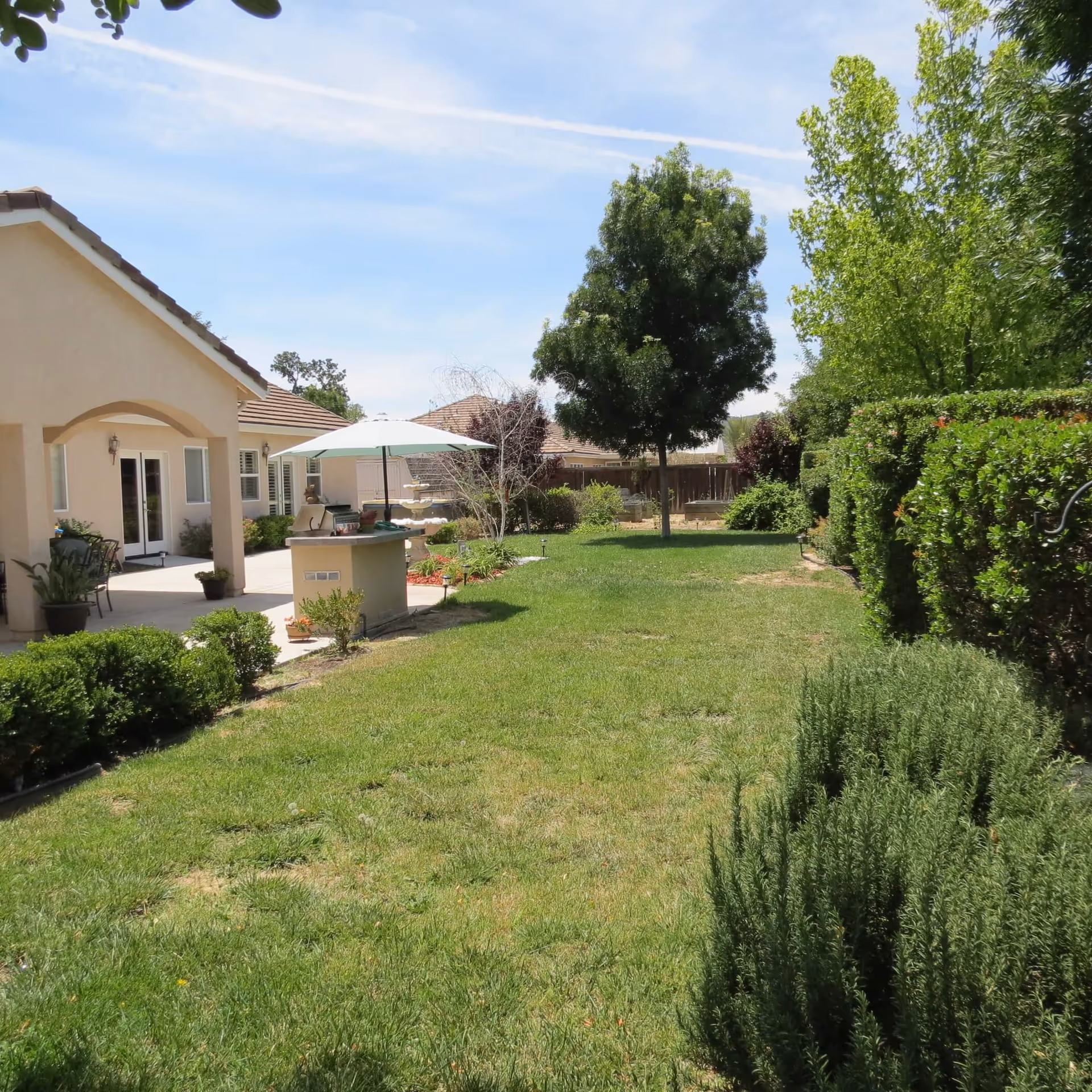 Sunlit backyard with a lawn, patio area with an umbrella and seating beside a beige single-story building surrounded by trees and shrubs.