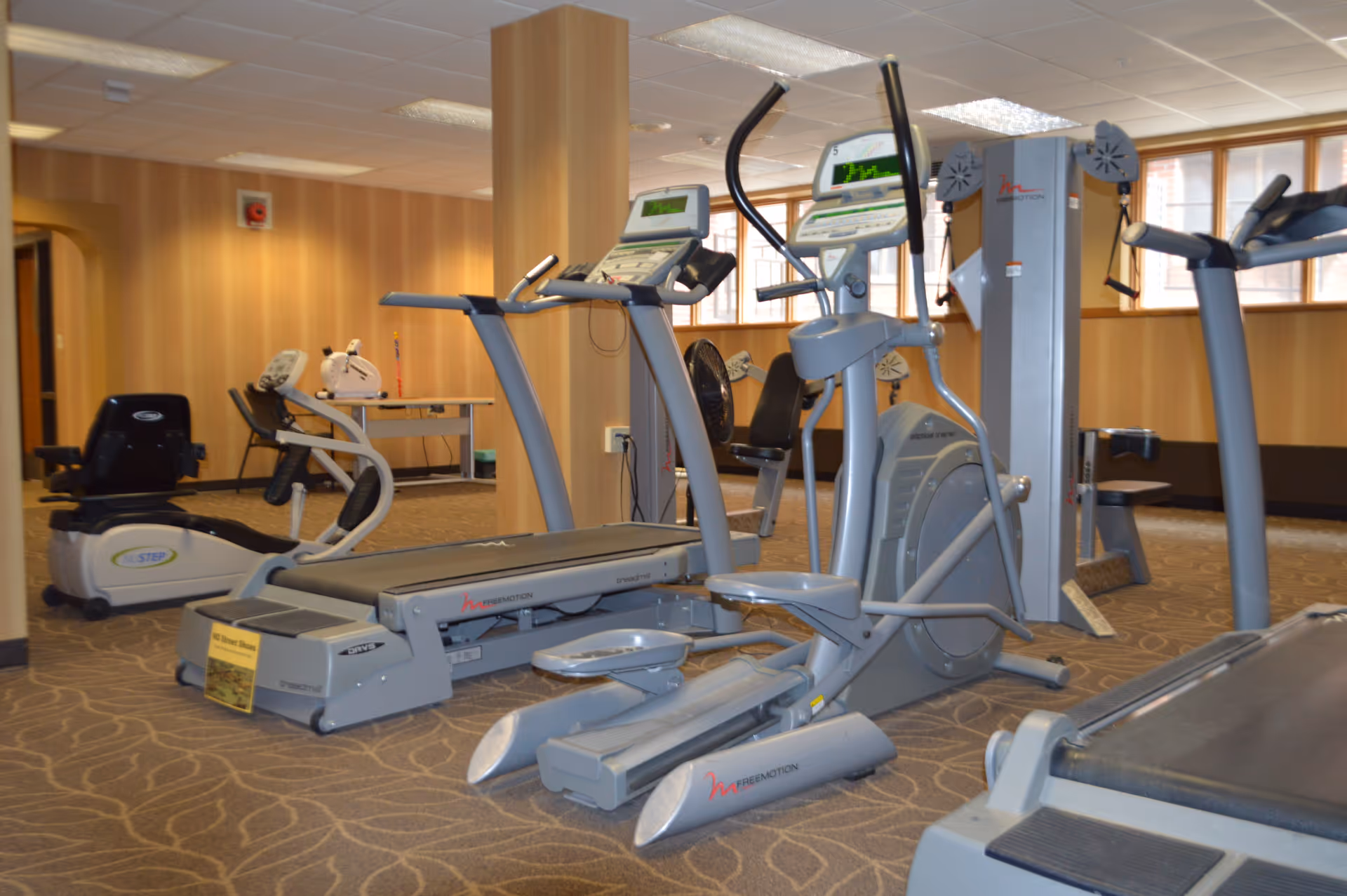 Indoor fitness room with various exercise equipment including treadmills, elliptical machines, and stationary bikes. The room has carpeted flooring, wood-paneled walls, and large windows letting in natural light.