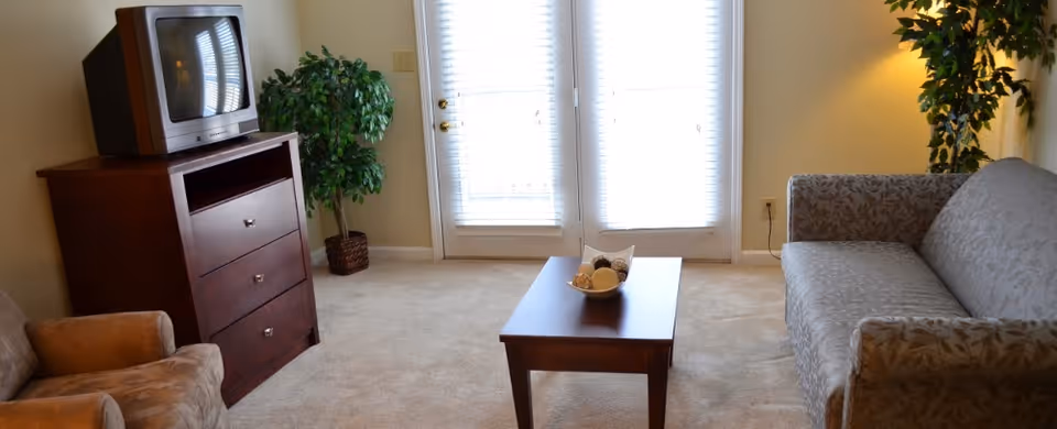 A living room with a patterned sofa on the right, a cushioned armchair on the left, a wooden coffee table in the center with a decorative bowl, a wooden TV stand with a CRT television on top, and a potted plant next to the TV stand. There are double glass doors with blinds letting in natural light in the background.