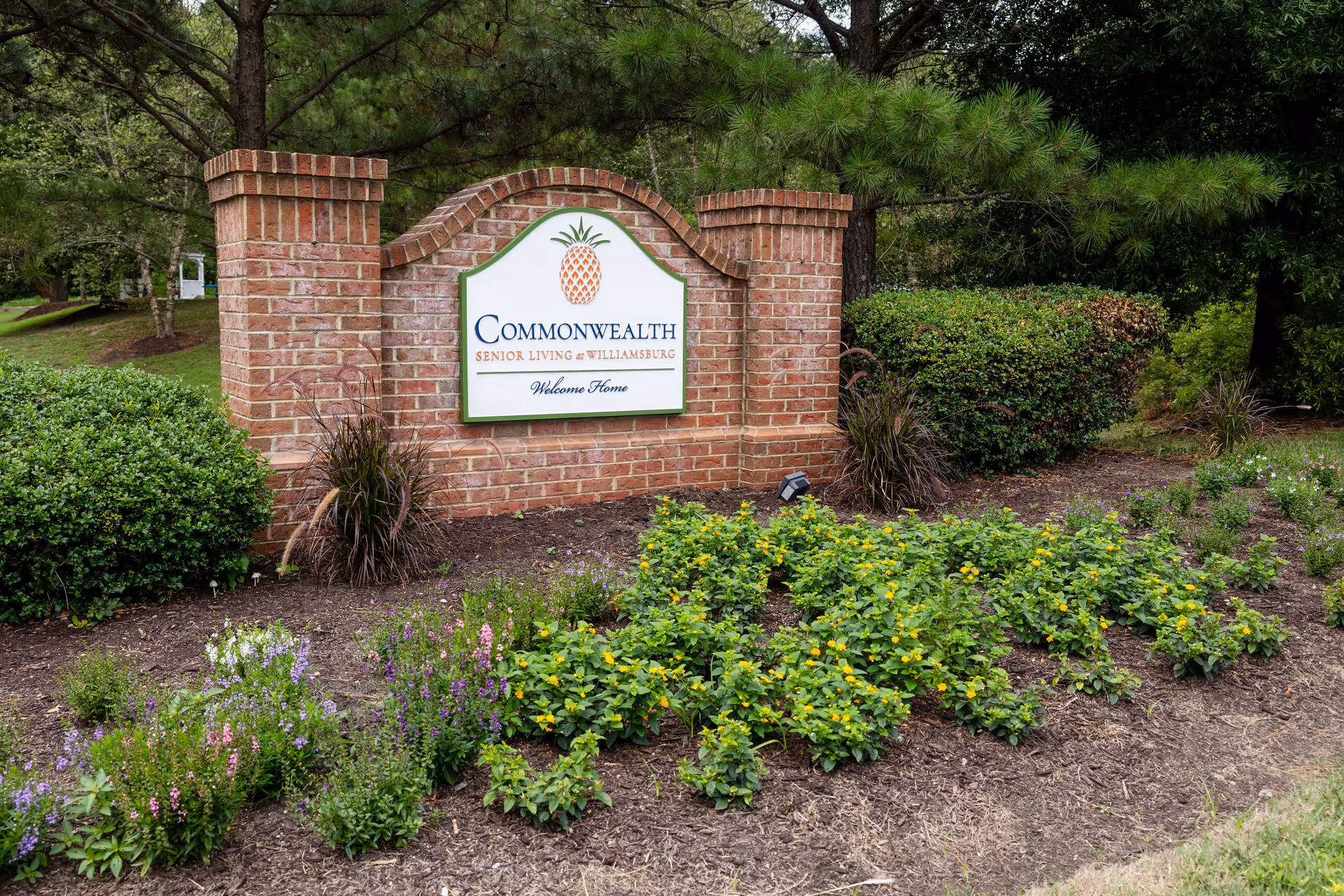 Brick sign for Commonwealth Senior Living at Williamsburg amid landscaped shrubs and flowers.