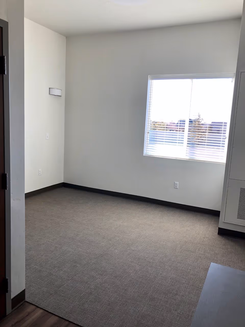 Empty room with beige carpet, white walls, a window with blinds letting in natural light, and a dark brown door frame partially visible on the left side.
