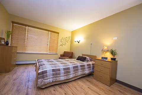 A bedroom with a single bed covered in a brown and beige checkered blanket. There is a wooden nightstand with a lamp and a small plant on it next to the bed. A wooden dresser is positioned against the left wall under a window with closed blinds. A brown armchair is placed in the corner near the bed. The walls are painted light yellow and the floor is wooden.