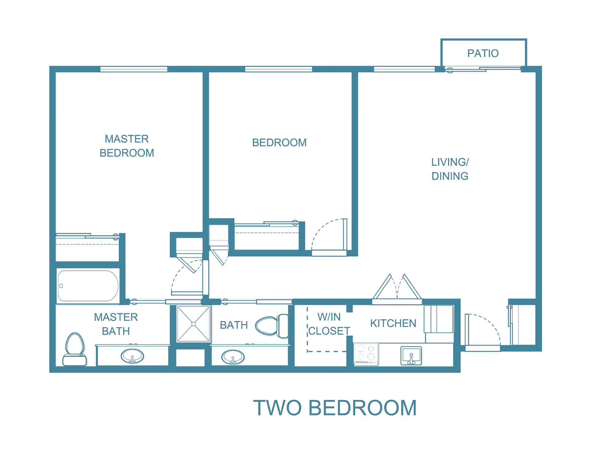 Floor plan of a two-bedroom apartment at Madison Estates showing a master bedroom with master bath, a second bedroom, a second bath, a walk-in closet, kitchen, living/dining area, and a patio.