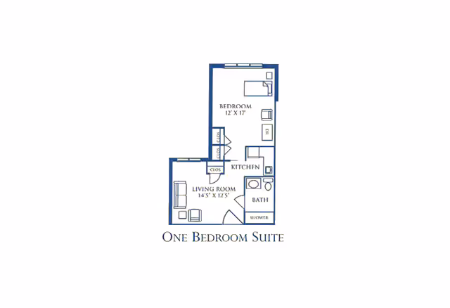 Floor plan of a one bedroom suite showing a bedroom, kitchen, living room, and bathroom with shower. The bedroom measures 12 by 17 feet, and the living room measures 14.5 by 12.5 feet. The layout includes furniture placement such as a bed, chairs, and kitchen appliances.