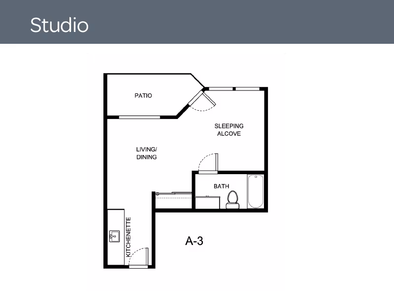 Floor plan of a studio apartment labeled A-3 showing a patio, sleeping alcove, living/dining area, kitchenette, and bathroom with a bathtub and toilet.