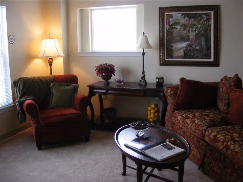 A cozy living room with a red armchair draped with a green blanket and a green pillow, a patterned sofa with red and brown cushions, a wooden coffee table with an open book and a bowl of cherries, a wooden console table with a lamp, a vase of flowers, and a bowl of lemons underneath, a window letting in natural light, and a framed painting on the wall.
