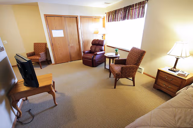 A cozy living room with beige carpet, two patterned armchairs, a brown recliner, a wooden side table with a small plant, a wooden nightstand with a lamp, and a TV on a wooden stand. There is a large window with striped curtains letting in natural light.