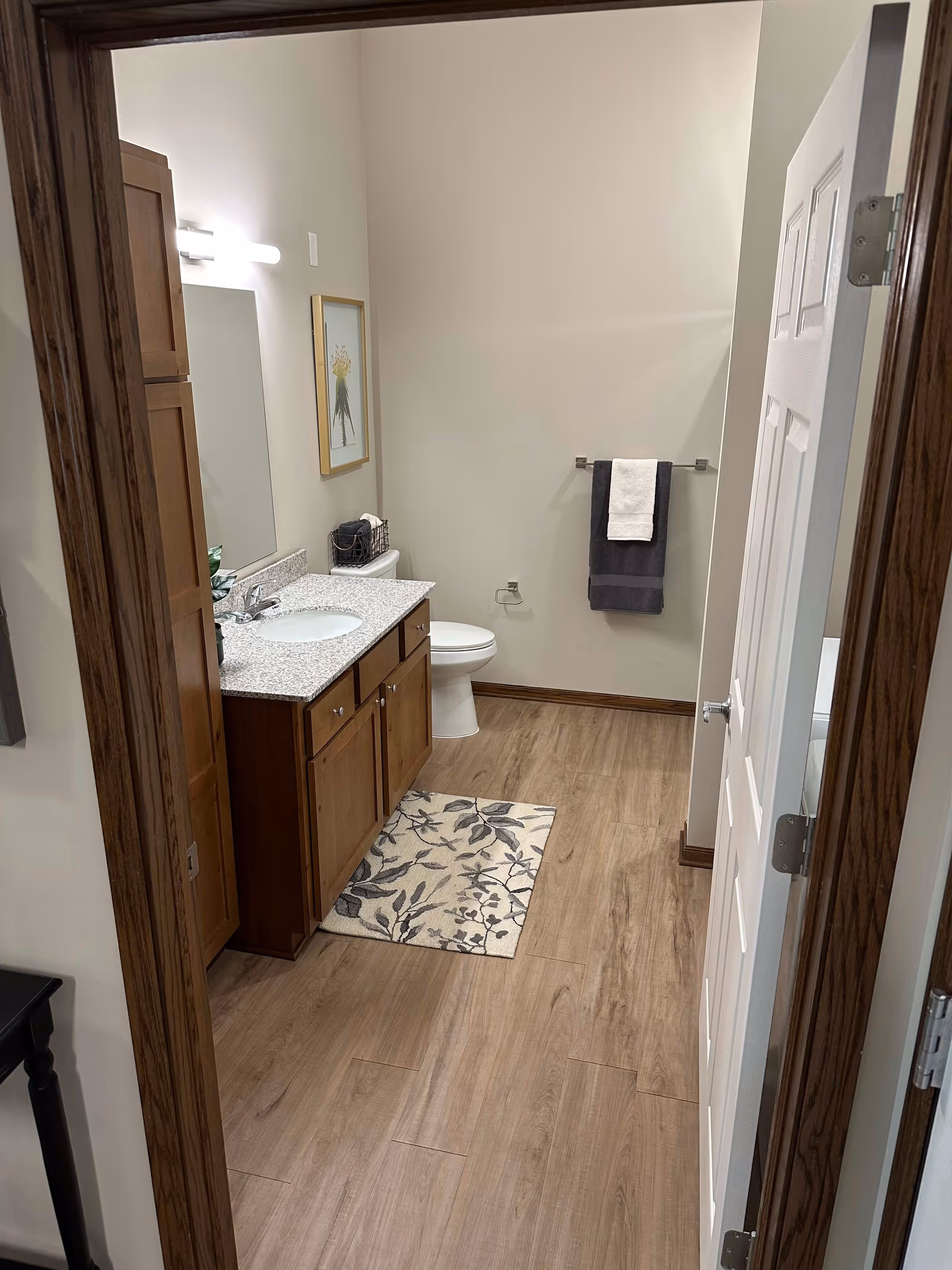 View into a bathroom with wooden cabinetry, a granite countertop with a sink, a mirror above the sink, a toilet, a towel rack with two towels, a framed picture on the wall, and a floral patterned rug on a wood-look floor.