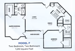Black-and-white floor plan labeled "Model F" showing a two-bedroom, two-bathroom apartment with living and dining areas, kitchen, storage, closets, and a patio/deck.