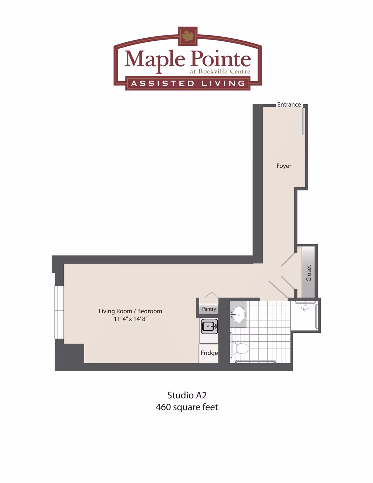 Floor plan of a studio apartment labeled Studio A2 with 460 square feet at Maple Pointe Assisted Living. The layout includes a combined living room and bedroom area measuring 11 feet 4 inches by 14 feet 8 inches, a pantry, fridge, bathroom with a toilet and shower, a closet, and a foyer near the entrance.