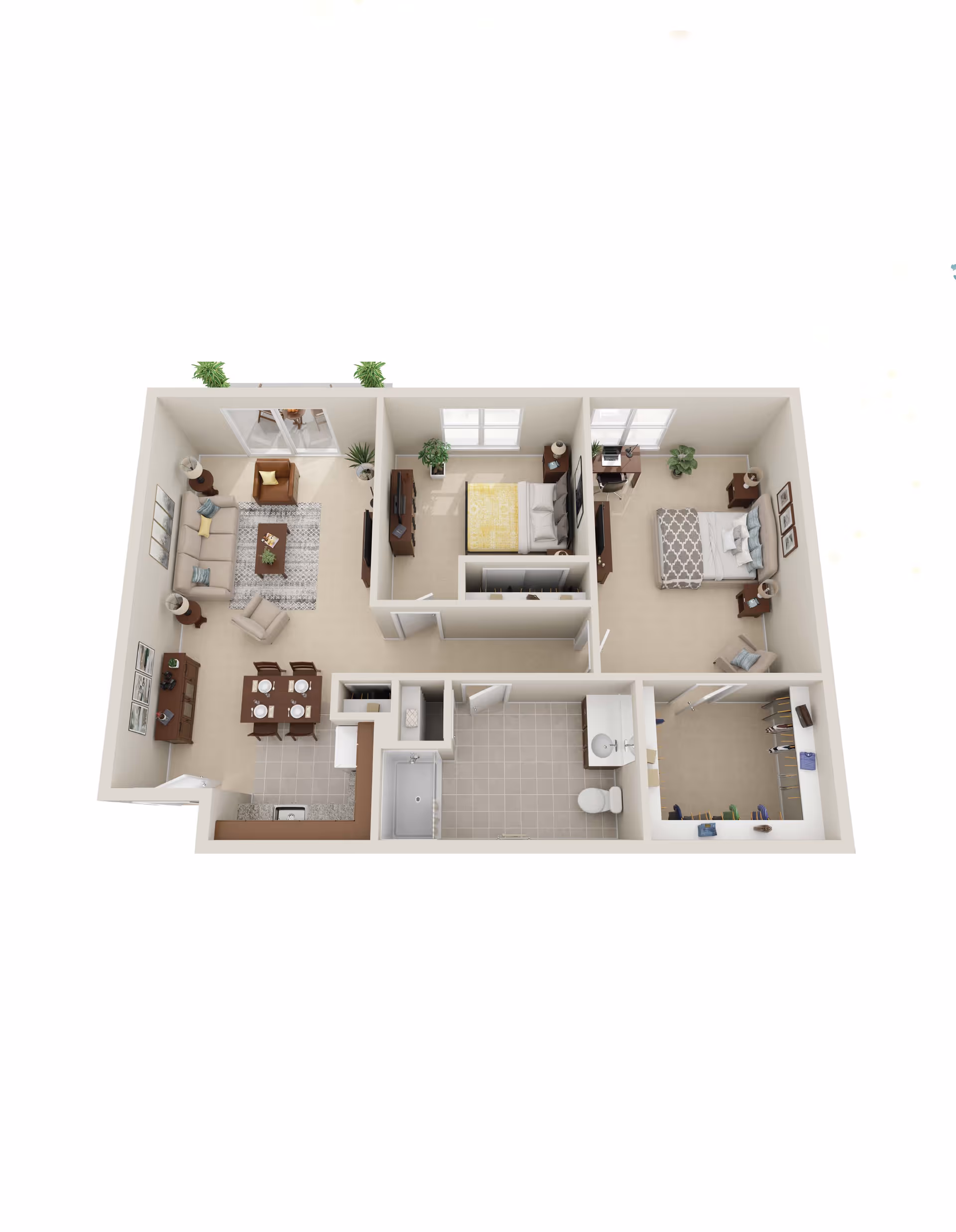 3D floor plan of a senior living apartment featuring a living room with sofa, armchairs, coffee table, and TV, a dining area with a table set for four, a kitchen with a sink and counter, two bedrooms each with beds and nightstands, a bathroom with a bathtub, toilet, and sink, and a walk-in closet.