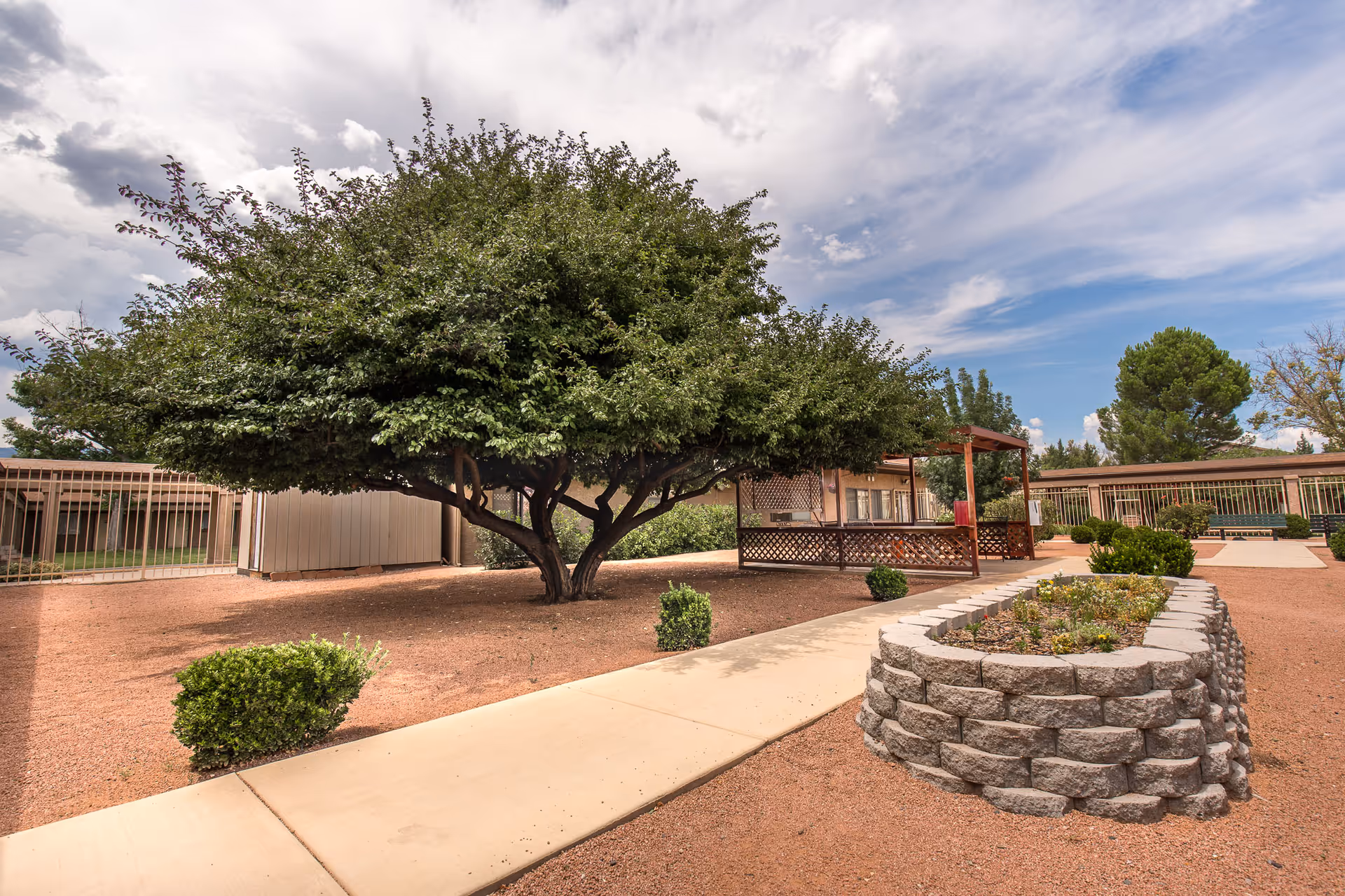 Outdoor area of Verde Valley Assisted Living featuring a large leafy tree, a paved walkway, a raised stone planter with small plants, and a wooden pergola structure. The sky is partly cloudy with blue patches visible.