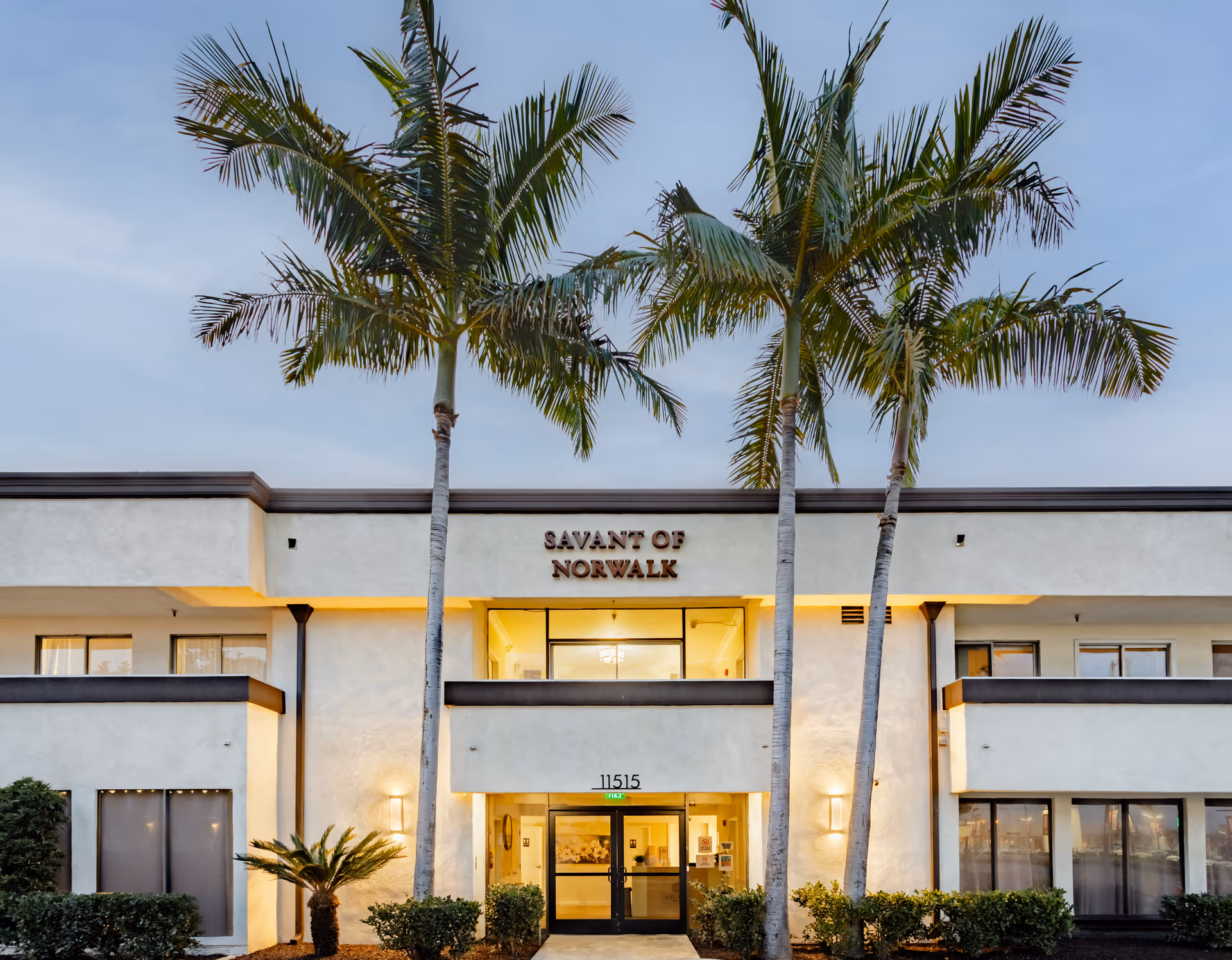 Front entrance of the Savant of Norwalk building with tall palm trees and an illuminated doorway.