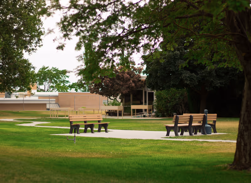 Grassy courtyard with paved paths and wooden benches in front of a low building, framed by trees.