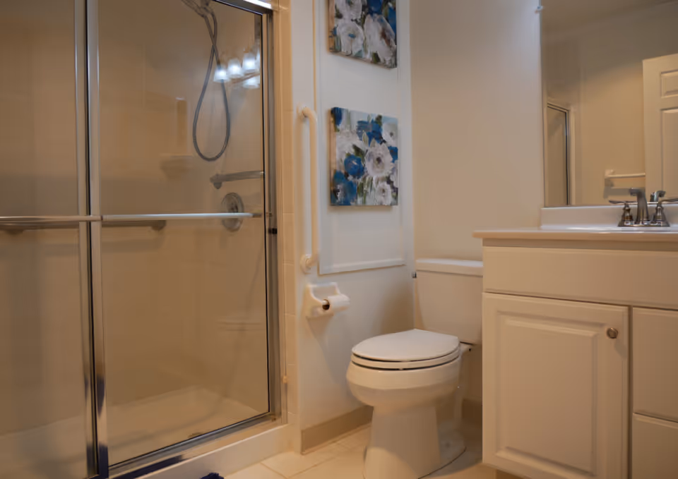 A clean bathroom featuring a glass-enclosed shower with a handheld showerhead, a white toilet with a grab bar beside it, a white vanity with a sink and faucet, and two floral paintings on the wall.
