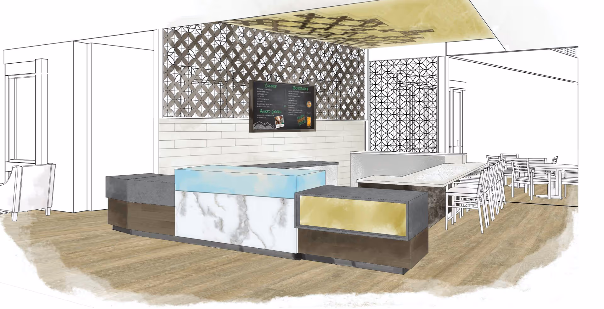 Rendered interior view of a modern dining/cafe area with counter islands, bar seating and tables and decorative patterned walls.
