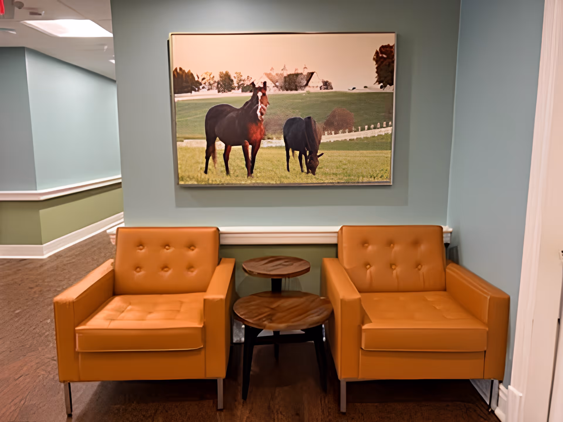 Two orange armchairs with button tufting are placed side by side with a small round wooden table between them. Above the chairs hangs a large framed picture of two horses standing in a green field with a house and trees in the background. The walls are painted light blue with a white chair rail and green lower paneling.
