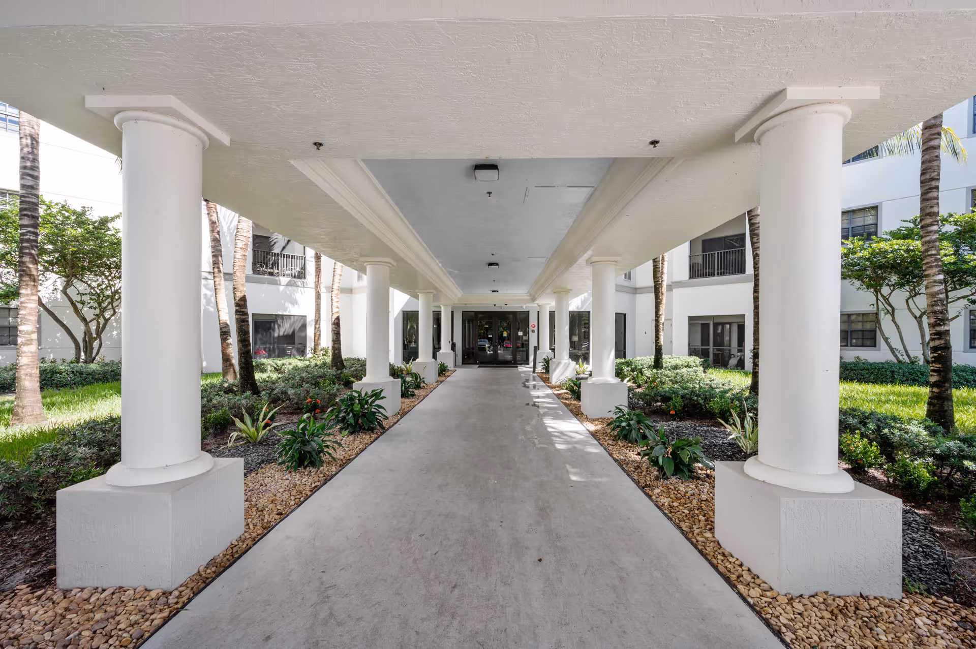 Covered walkway with white columns on both sides leading to the entrance of a building, surrounded by landscaped greenery and palm trees.