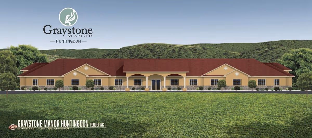 Rendered front elevation of Graystone Manor senior living building with a large lawn and hills in the background.