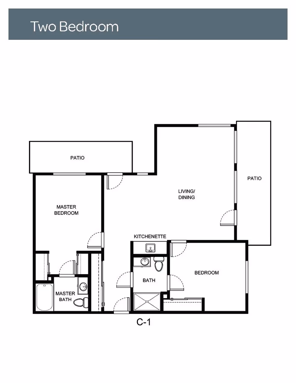 Floor plan layout of a two-bedroom unit at Creekside Terrace, showing a master bedroom with attached master bath, a second bedroom, a bath, kitchenette, living/dining area, and two patios.