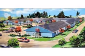 Illustration of a single-story extended health care facility with multiple connected buildings surrounded by parking lots, trees, and landscaped areas under a blue sky with clouds.