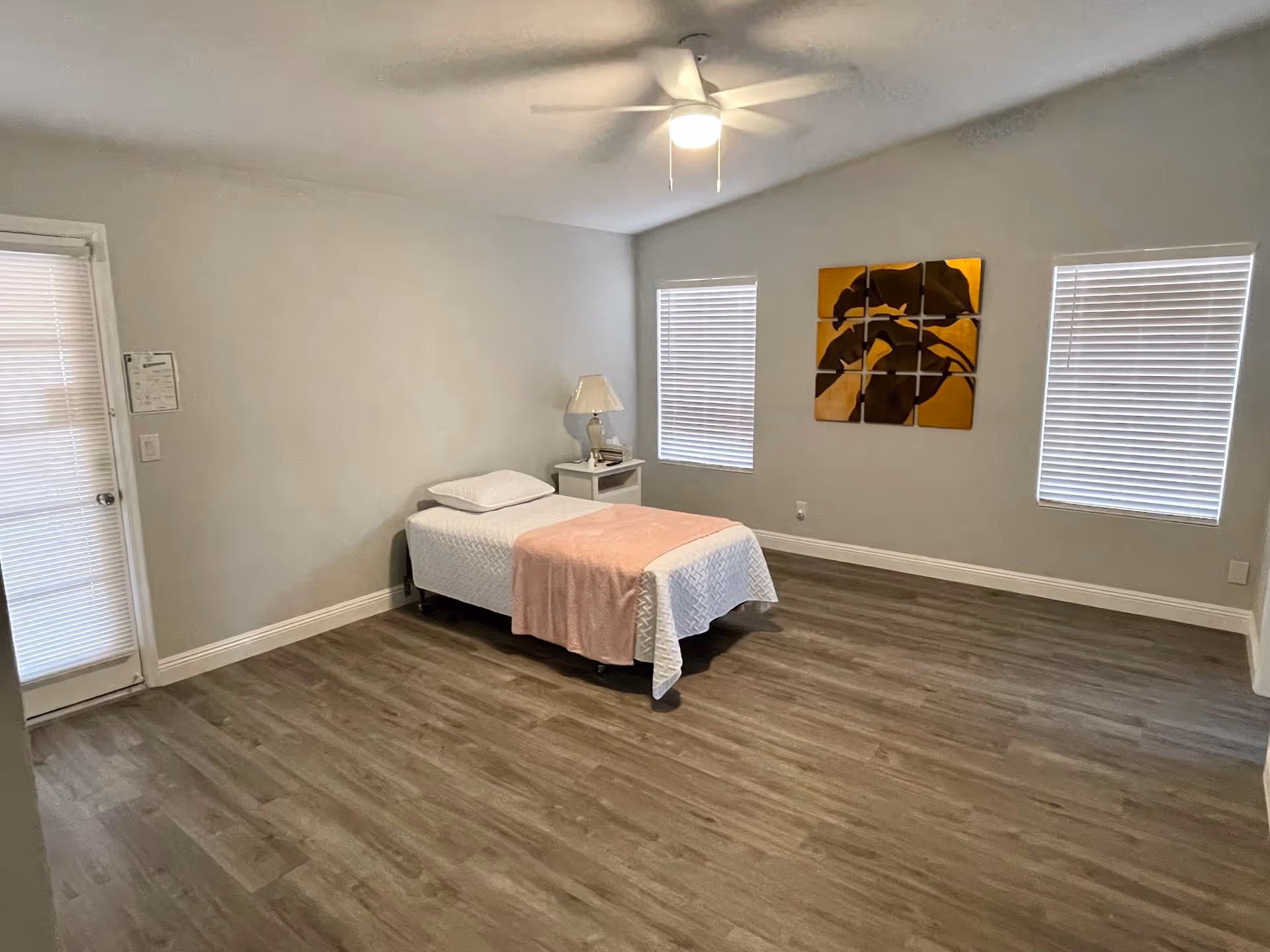 A simple bedroom with a single bed covered in white bedding and a pink throw blanket. There is a white nightstand with a lamp and some books next to the bed. The room has light gray walls, two windows with blinds, a ceiling fan with a light, and a decorative wall art piece between the windows. The floor is wood with a grayish tone.