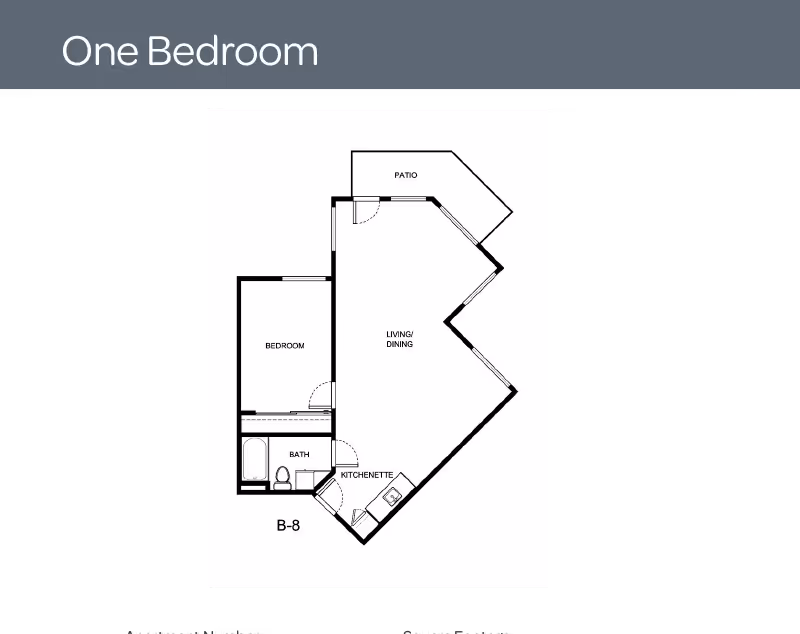 Floor plan of a one-bedroom unit labeled B-8, showing a bedroom, bath, kitchenette, living/dining area, and a patio.