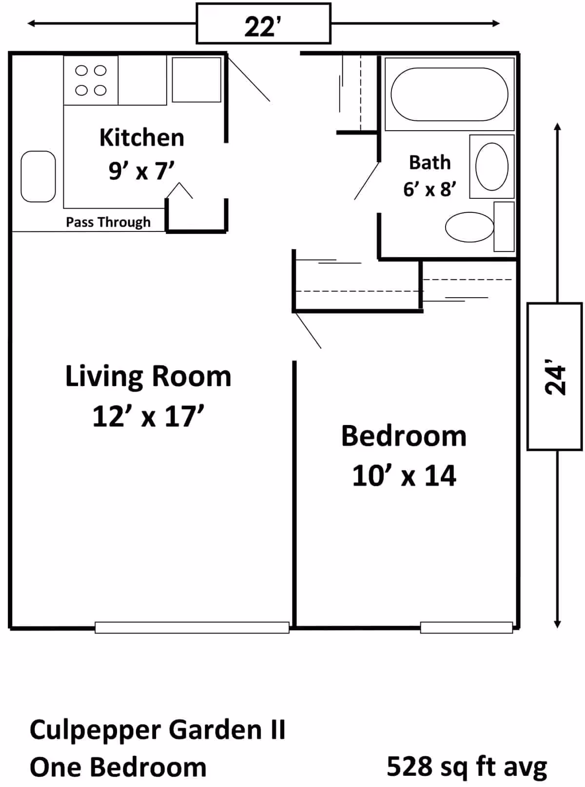 Floor plan of a one-bedroom apartment at Culpepper Garden II showing a kitchen (9 by 7 feet), living room (12 by 17 feet), bedroom (10 by 14 feet), and bathroom (6 by 8 feet) with overall dimensions of 22 by 24 feet and an average area of 528 square feet.