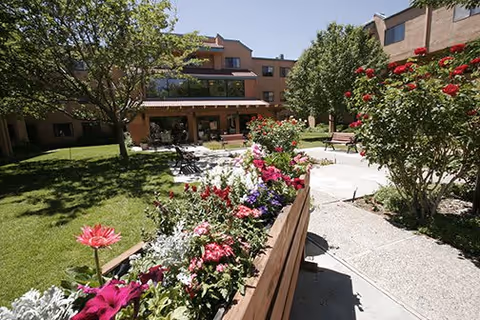 Outdoor garden area at Sandia Vista Senior Living featuring a variety of colorful flowers in a raised wooden planter, green grass, trees, benches, and a multi-story building in the background under a clear blue sky.