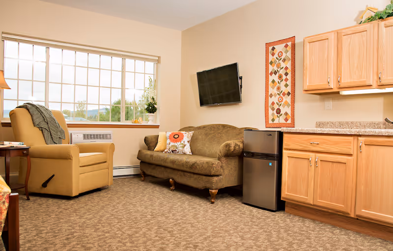 A cozy living area in an assisted living facility featuring a green upholstered sofa with decorative pillows, a beige armchair with a green throw blanket, a small black refrigerator, wooden cabinets with a granite countertop, a wall-mounted flat screen TV, and a large window letting in natural light.