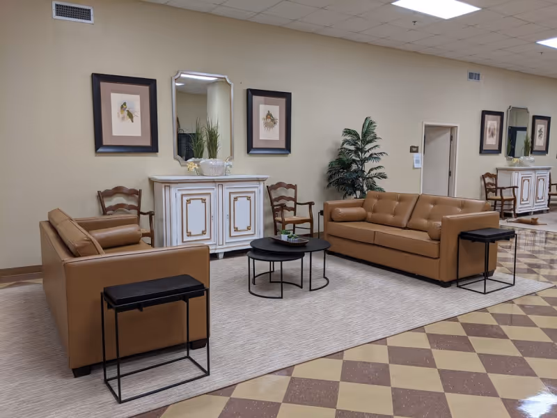 Communal lounge with two tan leather sofas, nesting coffee tables, side tables, decorative cabinets, framed artwork, and a potted plant.
