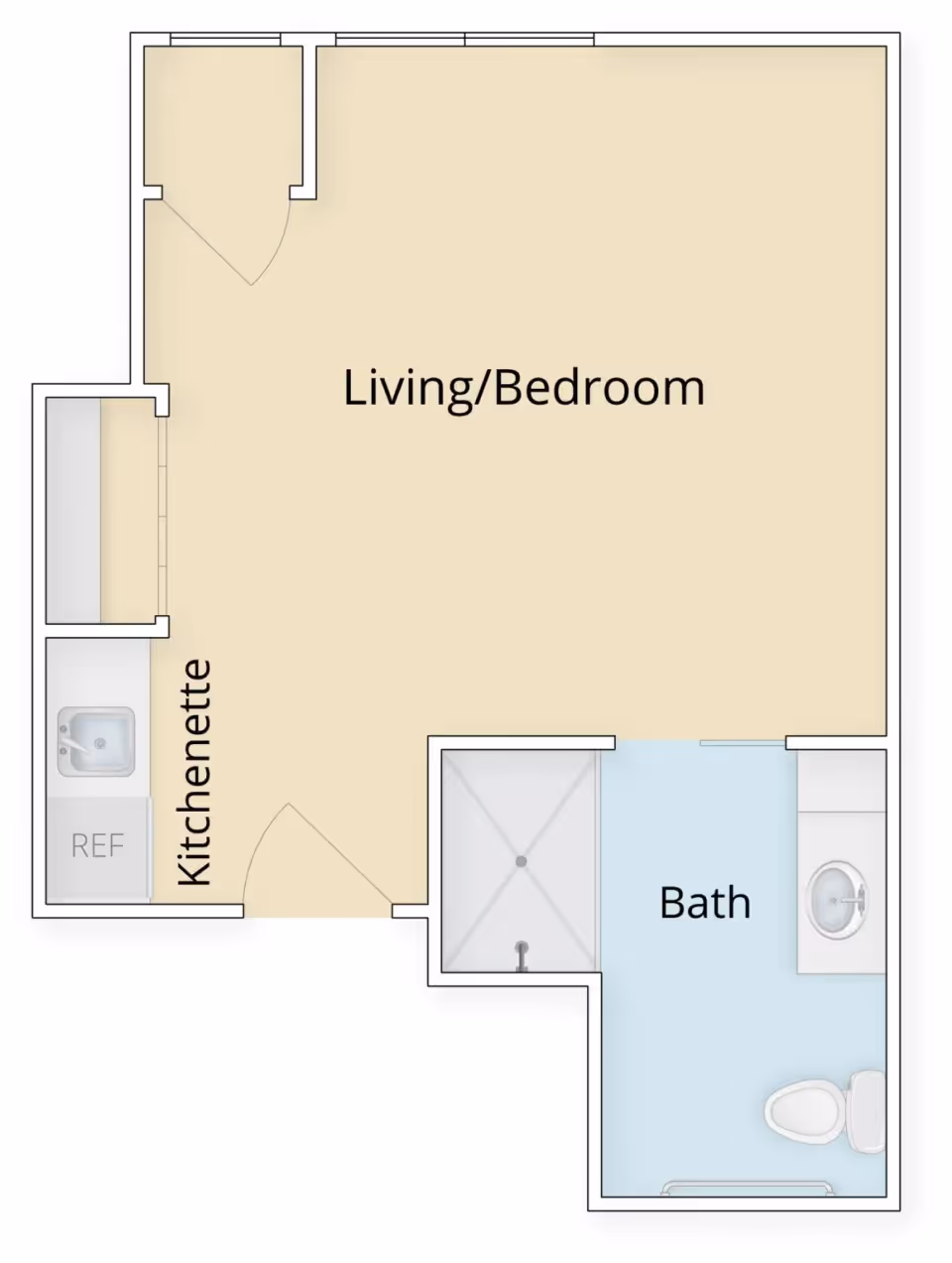 Floor plan of a studio apartment labeled Living/Bedroom with a kitchenette and a separate bath.