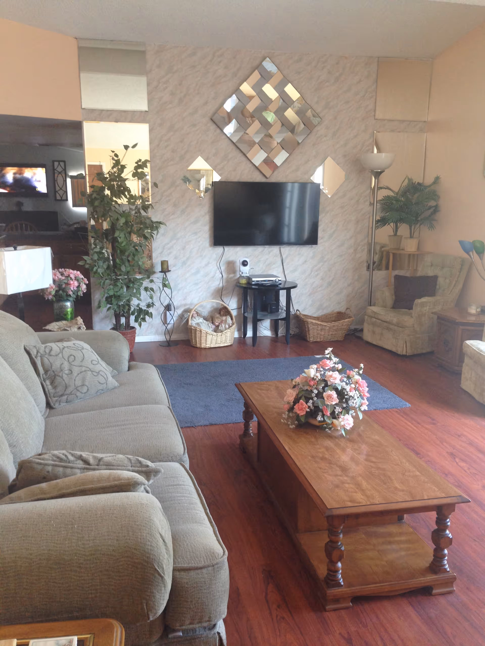 A cozy living room with a beige sofa and armchair, a wooden coffee table with a floral arrangement, a flat-screen TV mounted on a wall with decorative mirrors, potted plants, and baskets on a wooden floor with a blue rug.
