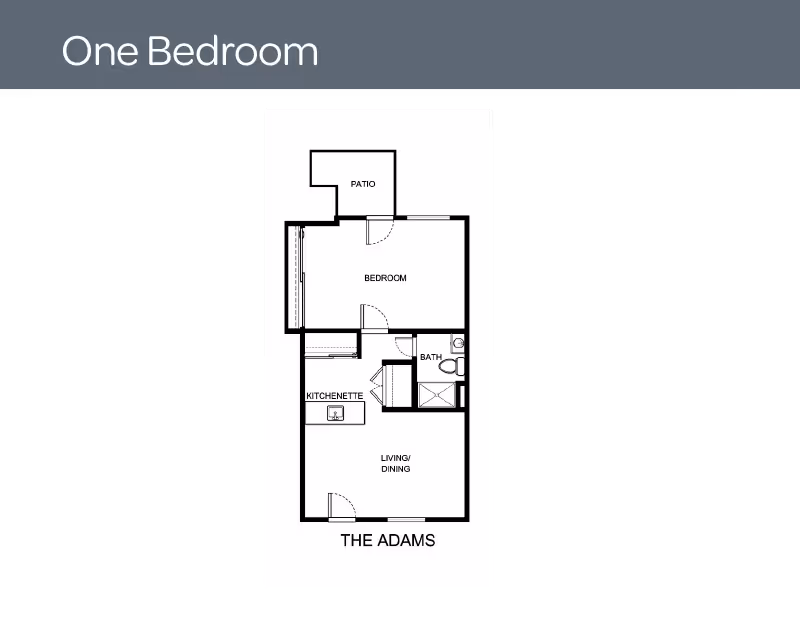 Black-and-white one-bedroom floor plan titled "The Adams" showing a bedroom with patio, kitchenette, living/dining area, and a bathroom.
