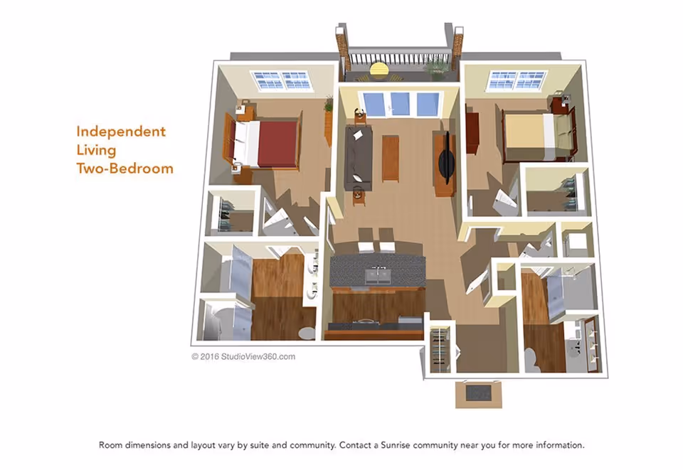 3D floor plan of an independent living two-bedroom apartment showing two bedrooms, two bathrooms, a kitchen with an island, a living room, and a balcony.