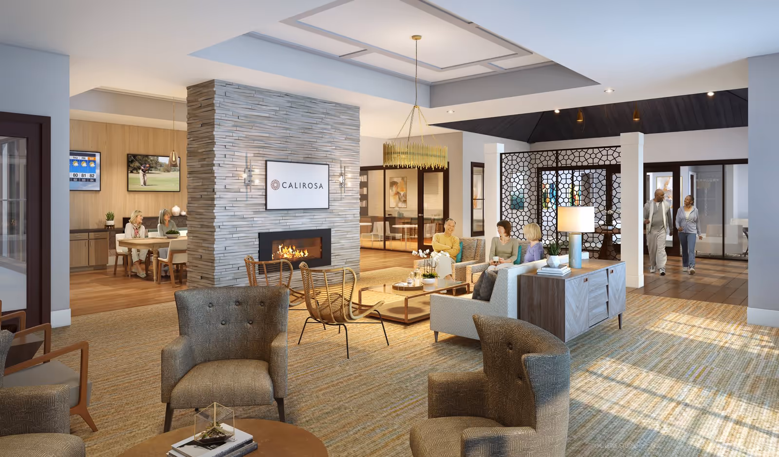 Bright, modern communal lounge with sofas, chairs, a stone fireplace displaying a 'Calirosa' sign, and residents socializing.