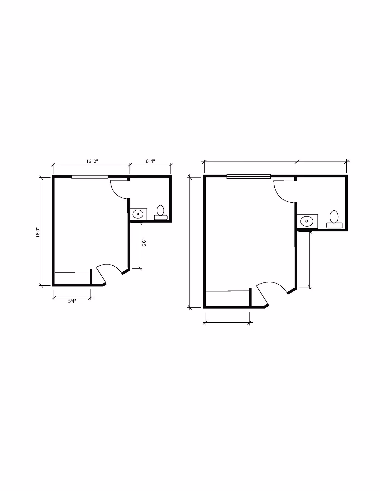 Two architectural floor plans side by side, each showing a small room layout with a bathroom that includes a toilet and sink. Dimensions are marked around the rooms.